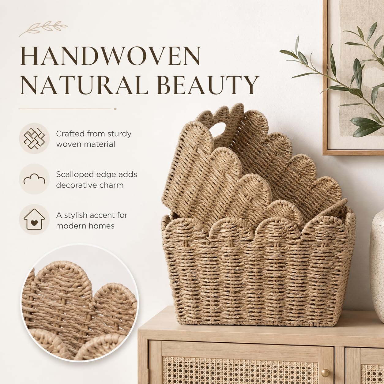 Scalloped Paper Rope Storage Basket Set of 2, Built-In Handles | Handwoven Decorative Basket, Nursery Pantry Closet Bathroom Entryway Toy Book Organizer, 13.2x9.8x8.67in