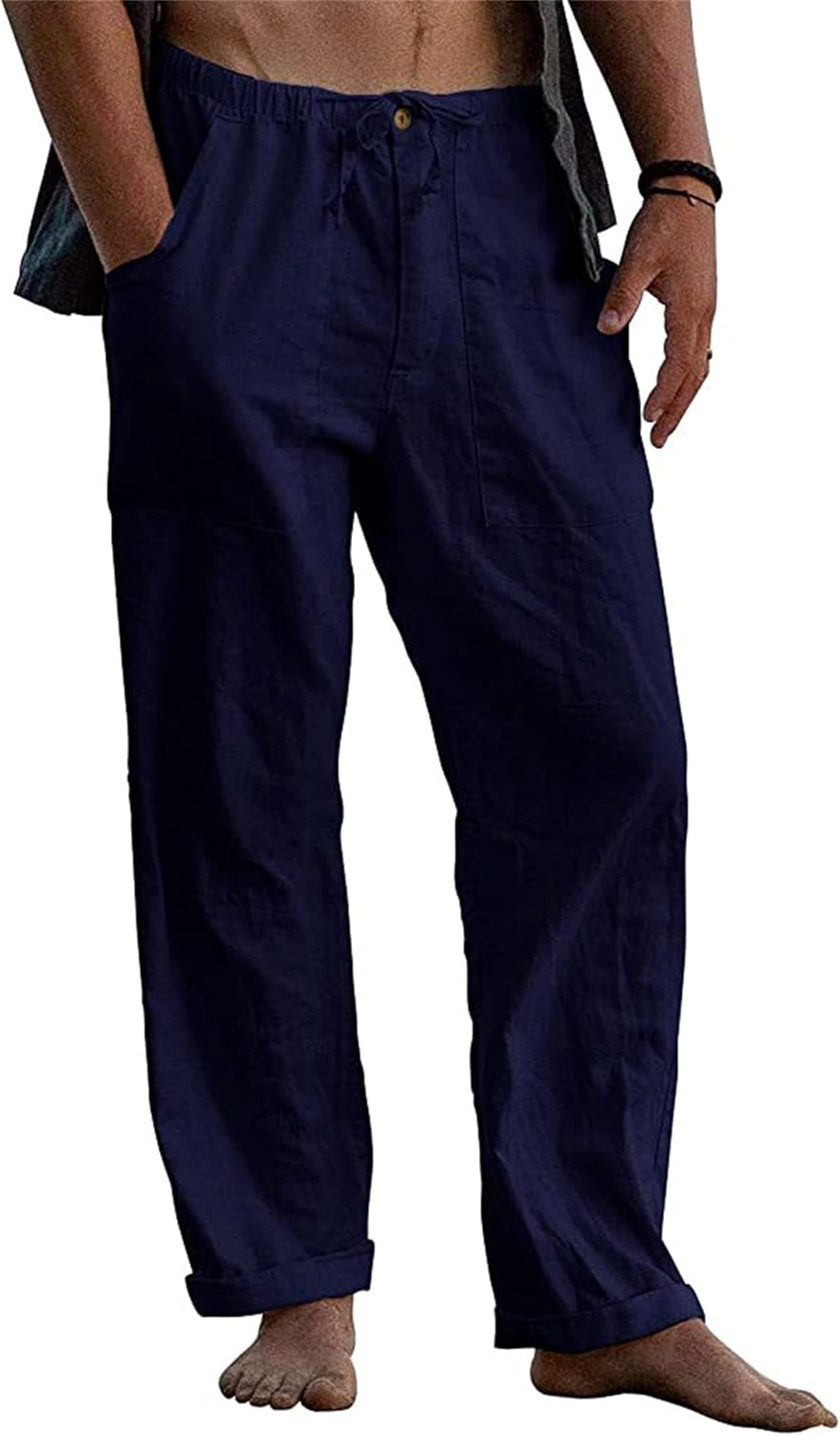 Cicilin Mens Cotton Linen Pants Drawstring Loose Fit Casual Straight Legs Beach Trousers