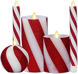 Classic Candy Cane Holiday Collection Flameless Candles, Real Wax LED Pillar, Taper and Sphere, Timer, Remote Ready