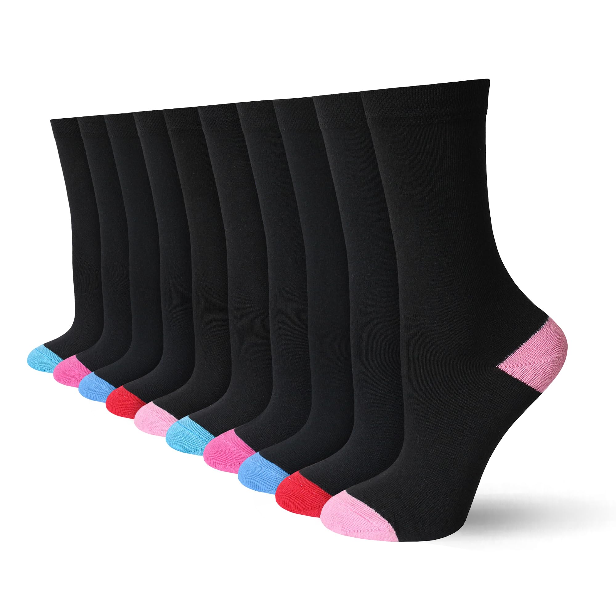 Socksmad Ladies Socks 4-7 UK - Womens Black Socks for Work, Events & Casual Wear - Coloured Heel & Toe - Multipack, Cotton Rich, Honeycomb Soft Tops - Wardrobe Essentials - Assorted PK 1, 10 Pairs