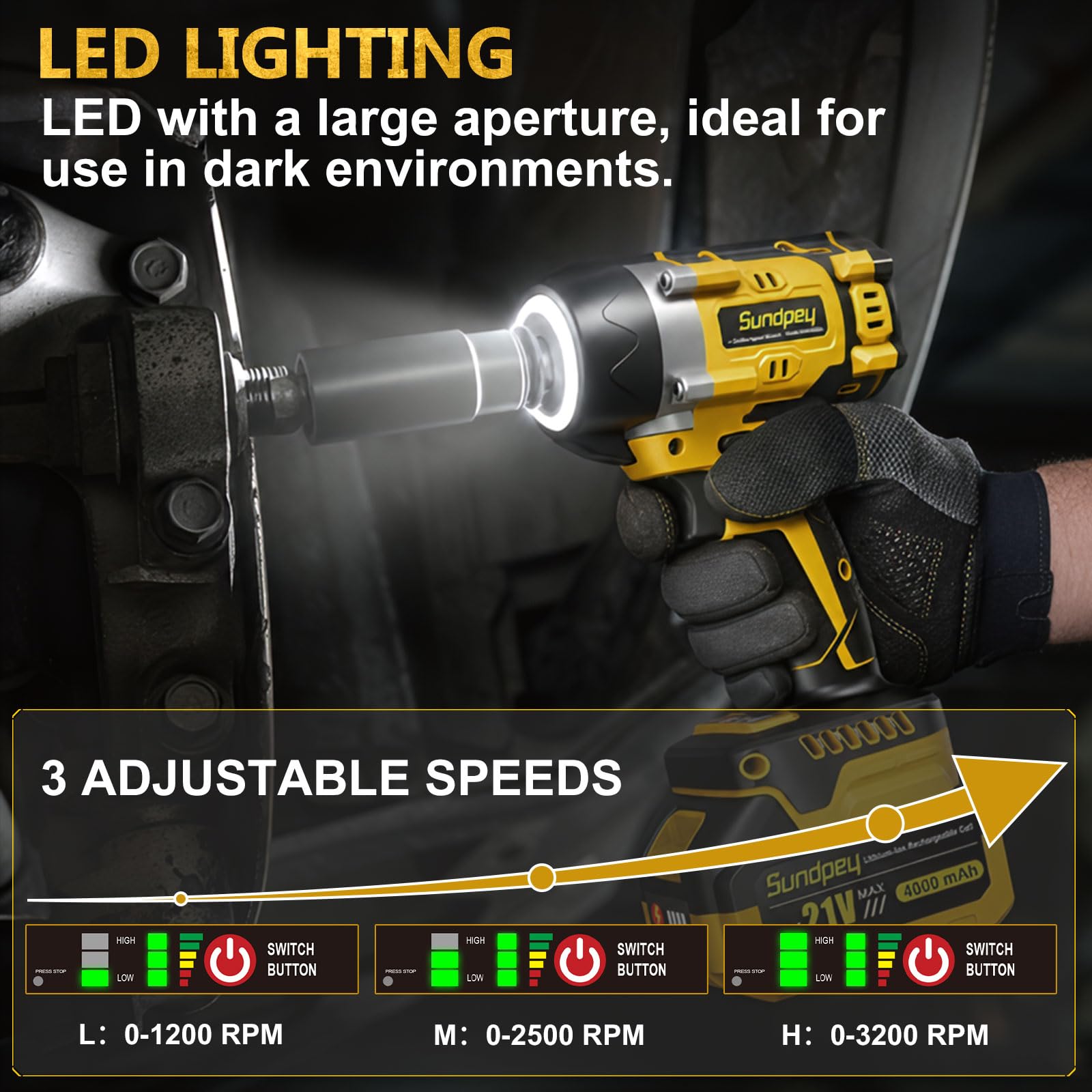 Sundpey Avvitatore a Impulsi a Batteria 700 Nm, 1/2" Brushless Avvitatore ad Impulsi con 2 Batterie 4,0 Ah, 6 Bussoli, Anello LED, 21V Avvitatore a Percussione per Cambio Pneumatici Auto e Bricolage