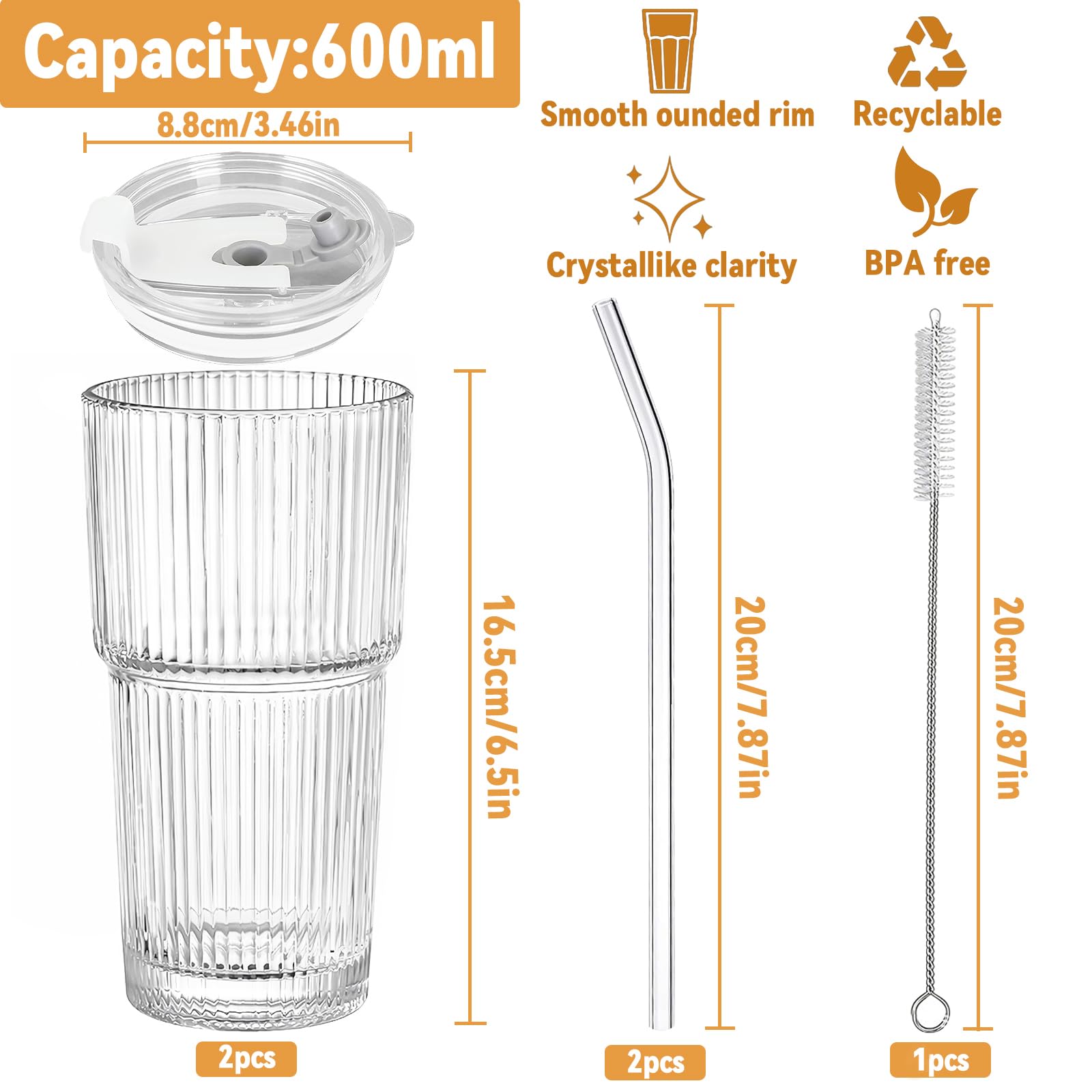 Lot De 2 Verre à Eau Avec Couvercle Et Paille Et Brosse