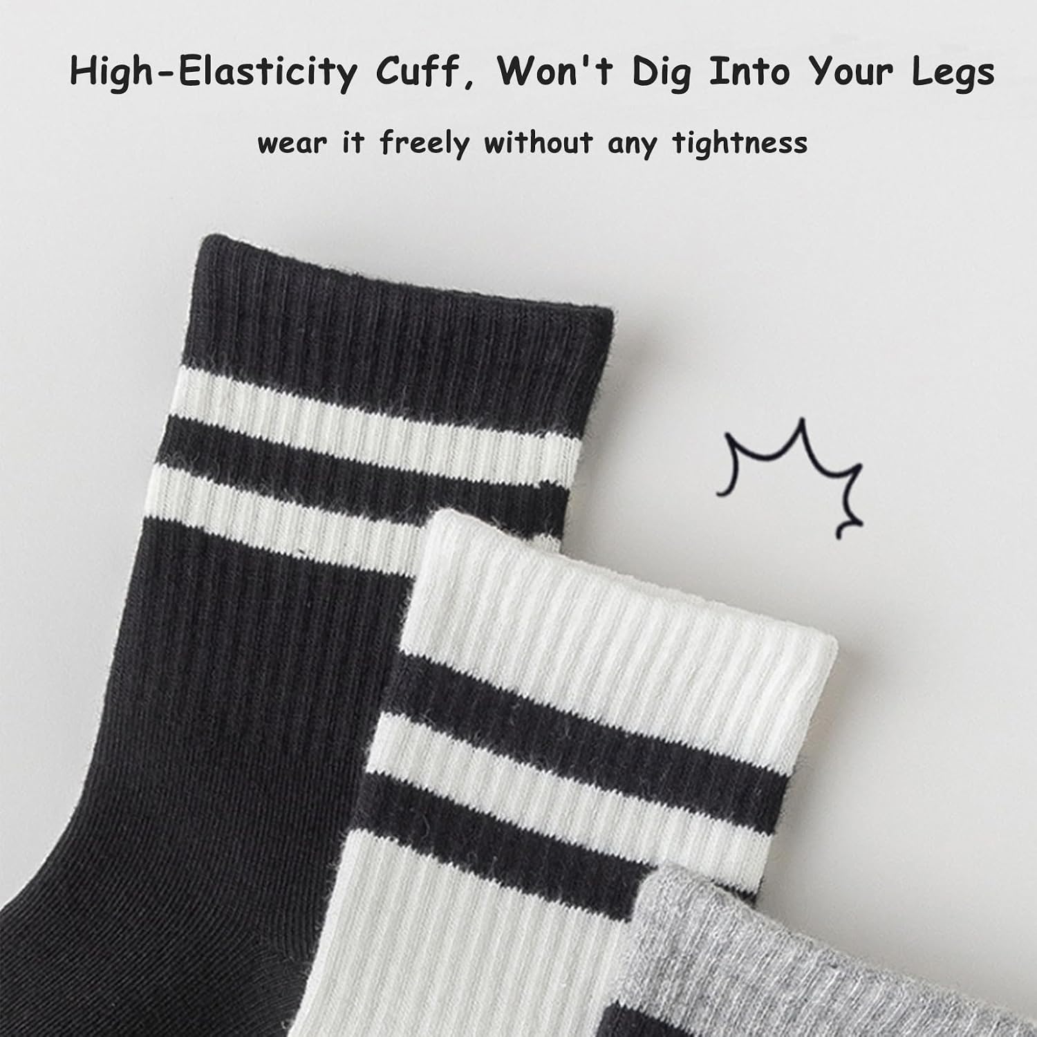 Boys Girls Crew Socks Solid Striped Socks for Kids Black White Gray 5 Pairs 1-12 Years