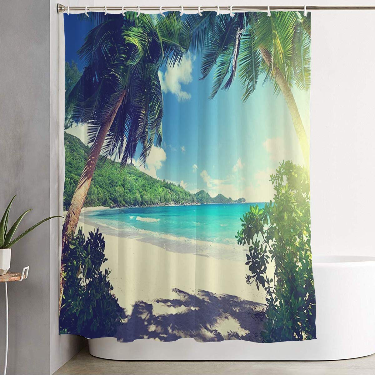 Shower Curtain with Hooks Beach Bay Takamaka Blue Mahe Island Seychelles Nature Nobody Water Tropical Parks Outdoor Paradise Waterproof Decorative Bathroom Cloth Fabric Set 72" x 78"