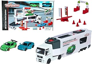Majorette- Camión Porsche Experience 27cm, Incluye 2 Coches de Metal de 7,5cm, Partes Desplegables y Numerosos Accesorios, Adecuado A Partir de 3 Años, Color (212053304)
