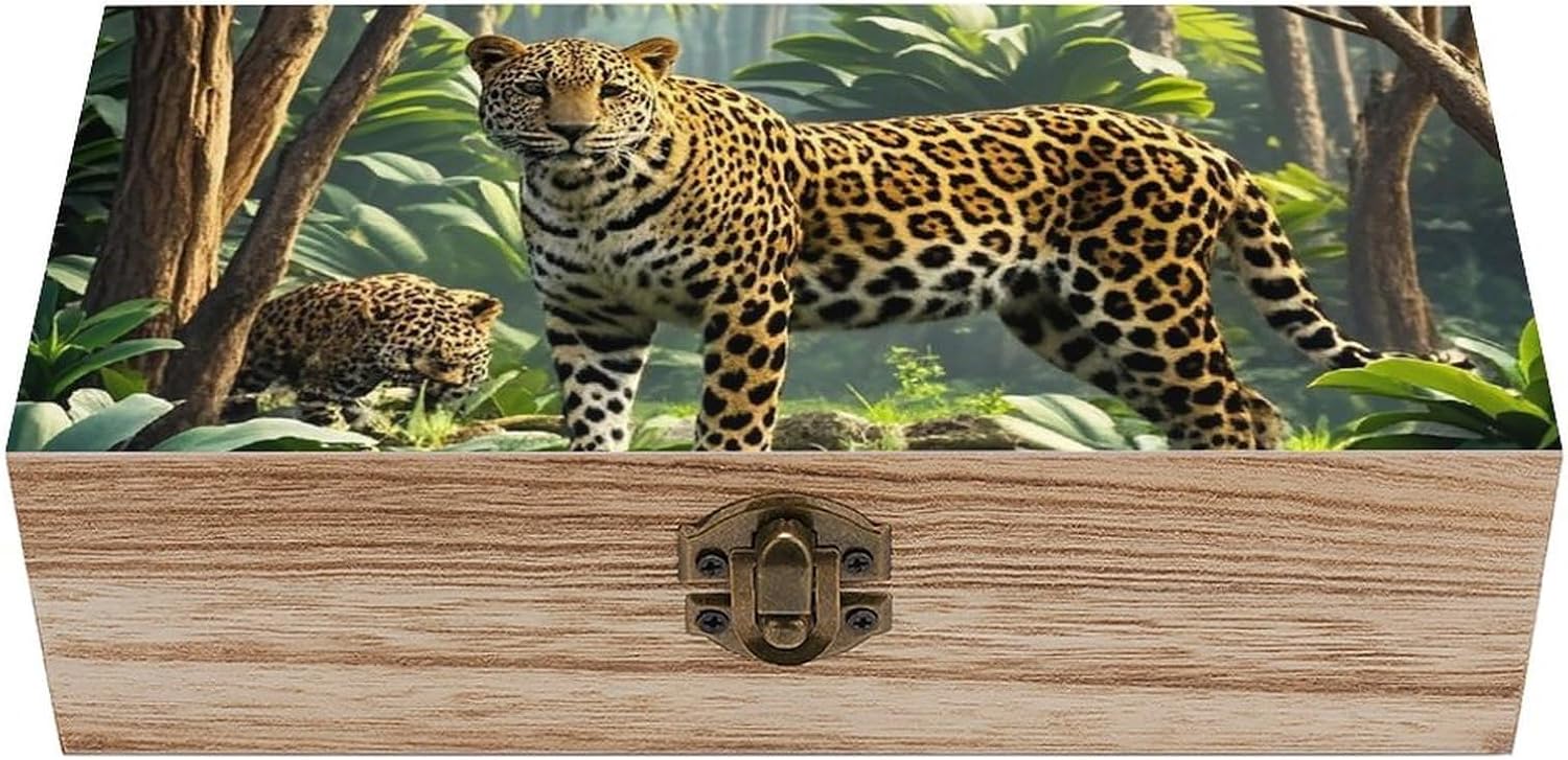 Leopard Print Jungle Wooden Decorative Storage Box Jewelry Box