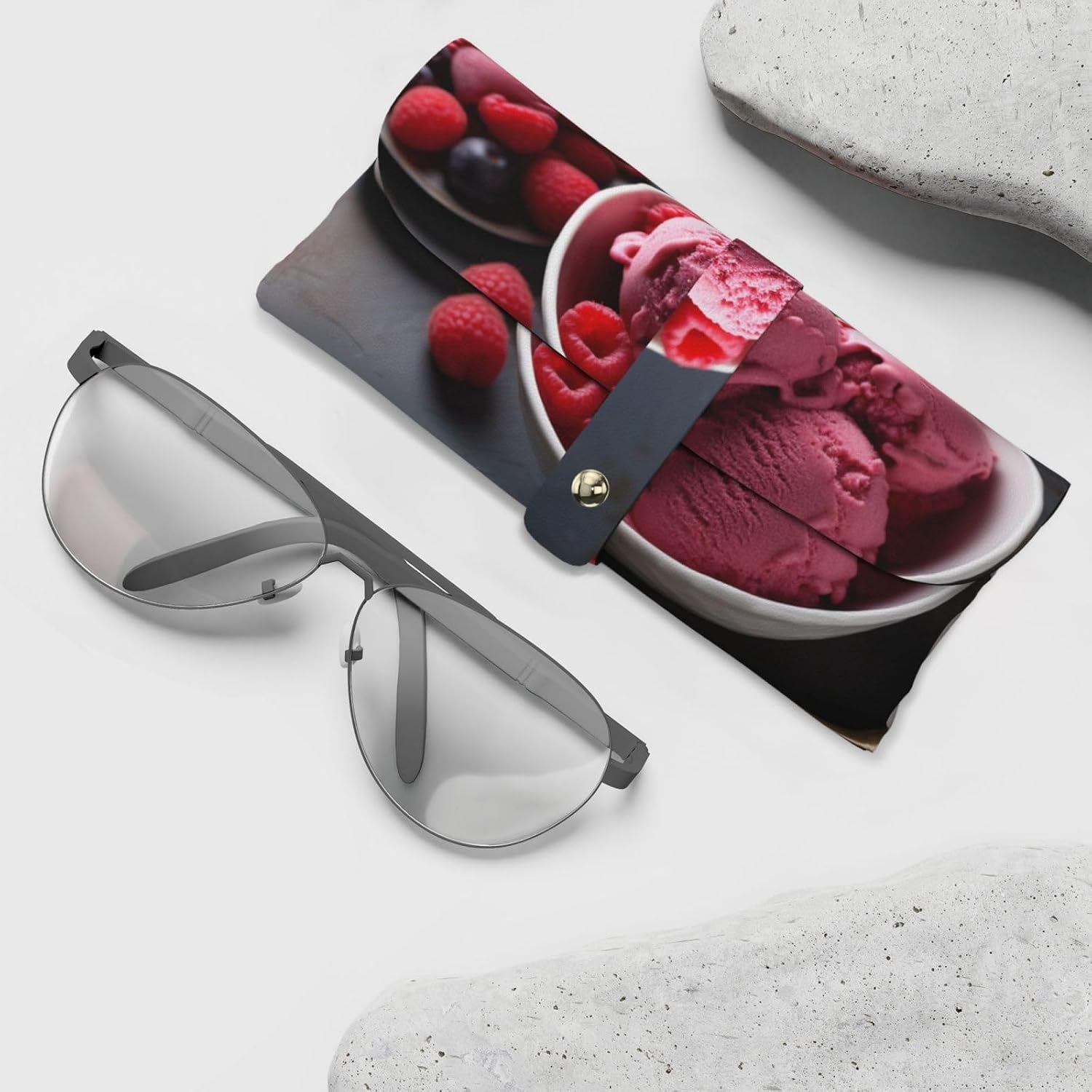 Raspberry Ice Cream Print Glasses Case for Women Men Kids - Cute PU Leather Eyeglasses Case