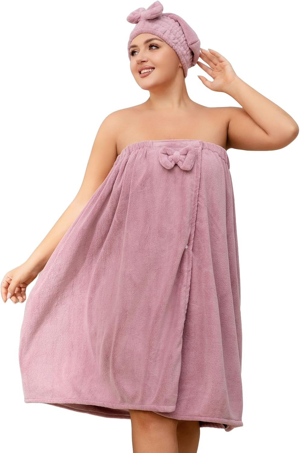 Plus Size Women's Towel Wrap with Hair Towel,Bath Wrap, Elastic Band, Fits 110-220 lbs, Soft Coral Fleece,Perfect as Shower Wrap Towel for Women or Velcro Towel Wrap Women (Purple)