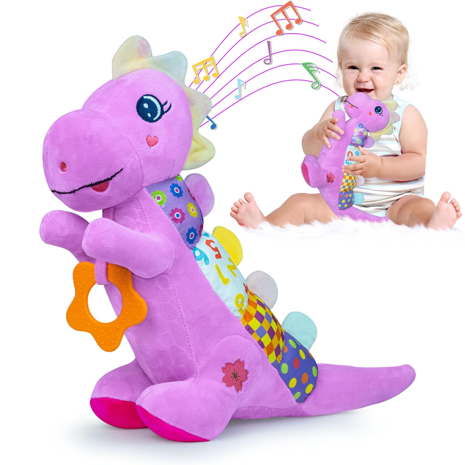 Baby Dino Musical Stuffed Animal Toys for 0-3-6-9-12 Months，Infant Dinosaur Tummy Time Toys with Crinkle Sound Paper，Teether，Textures & Rattles for