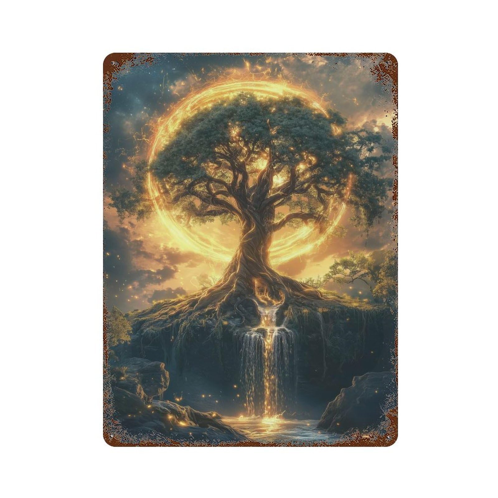 Mystical Tree with Golden Aura Vintage Wall Sign 15.7"x11.8", Rust Effect Metal Decor for Cafe, Home Bar And Lounge Decor