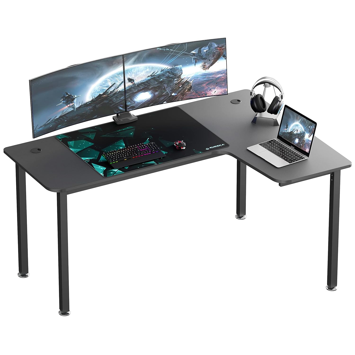 EUREKA ERGONOMIC Wood Multi-Functional L Shaped Study, Writing, Gaming Computer Right Side Corner Desk 60 inch with Mousepad, for Home, Office (Black)