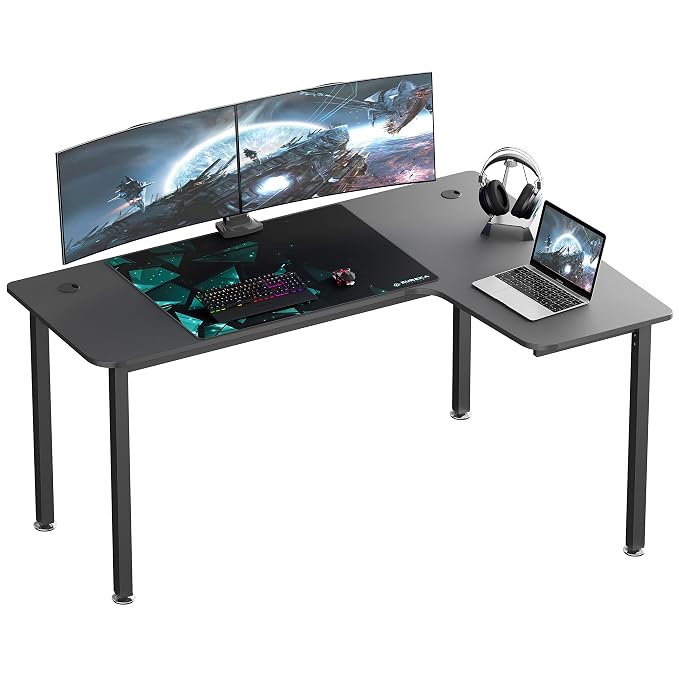 EUREKA ERGONOMIC Wood Multi-Functional L Shaped Study, Writing, Gaming Computer Right Side Corner Desk 60 inch with Mousepad, for Home, Office (Black)