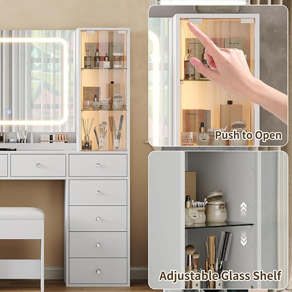 FUSOU Dressing Table with 12 Drawers & 2 Large Storage Cabinets, Adjustable Glass Shelf, Dressing Table with Mirror and Stool, Vanity with Glass Top and Power Outlet, Vanity Desk for Bedroom, White