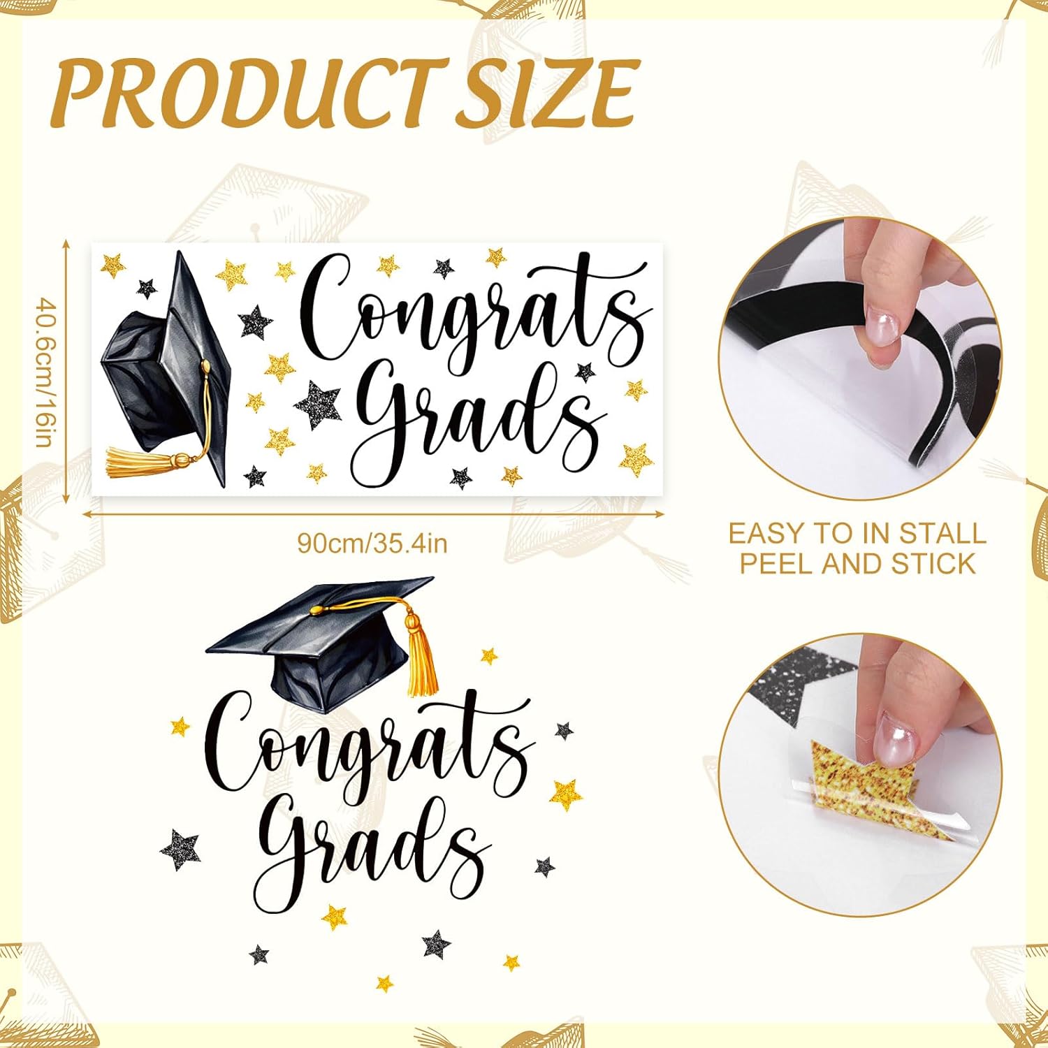 FYSUIMU Congrats Grad Cap Decal Graduation Backdrop Decorations Party Stickers Black Gold Welcome Sign Decal for Balloon Arch