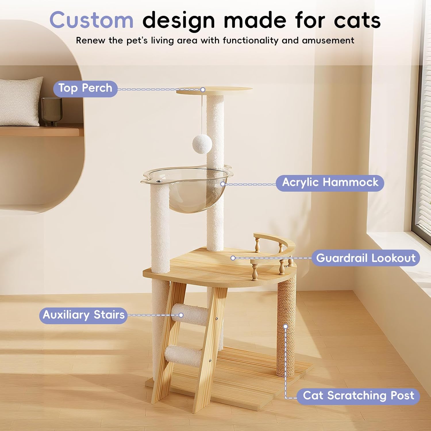 Wooden Cat Tree for Indoor Cats,Modern Multi-Level Cat Tower with Space Capsule,Acrylic Hammock,Sisal Scratching Posts & Ladder,Large Cat Condo with House and Top Perch for Small & Large Cats (41.3")