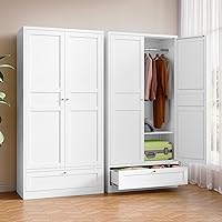 BYNSOE 72'' White Metal Armoire Wardrobe with 2 Doors, Hanging Rail, Adjustable Shelves & Quiet Drawer for Bedroom Storage