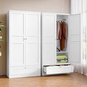 Metal Wardrobe Closet with 2 Doors, Drawers, and Hanging Rail - 72 inches, White