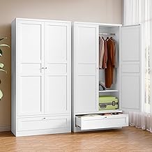Metal Armoire Wardrobe Closet with 2 Doors 72'' Wardrobe Cabinet with Drawers and Hanging Rail Metal Closet with Adjustable Shelves for Bedroom. (White, with 1drawer)