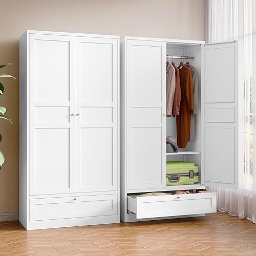 BYNSOE Metal Armoire Wardrobe Closet with 2 Doors 72'' Wardrobe Cabinet with Drawers and Hanging Rail Metal Closet with Adjustable Shelves for Bedroom. (White, with 1drawer)
