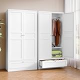 Metal Armoire Wardrobe Closet with 2 Doors 72'' Wardrobe Cabinet with Drawers and Hanging Rail Metal Closet with Adjustable Shelves for Bedroom. (White, with 1drawer)
