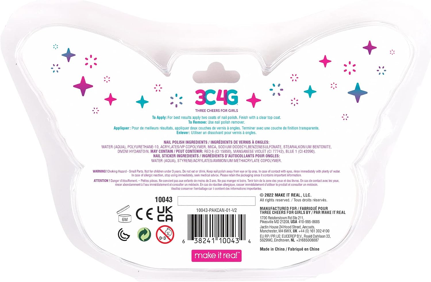 3C4G Butterfly Nail Polish Trio - 3 Pack Kids Nail Polish Set for Girls - Water Based, Unscented, Non Toxic Nail Polish for Kids - Girls Nail Polish Kit for Kids Ages 8-12-16 by Make It Real
