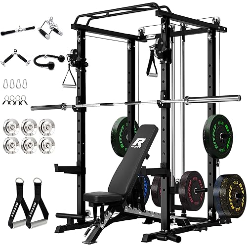 RitFit Power Cage with Optional LAT PullDown/Cable Crossover, 1000LB Squat Rack for Home & Garage Gym, with Weight Storage Rack and More Training Attachments, ASTM-Certified