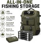 Baitium Sac à dos de pêche, sac de pêche avec porte-rodes, 40L Capacité avec refroidisseur, couverture de pluie, poche isolée, 4 Incluant les bacs à tacler (vert)