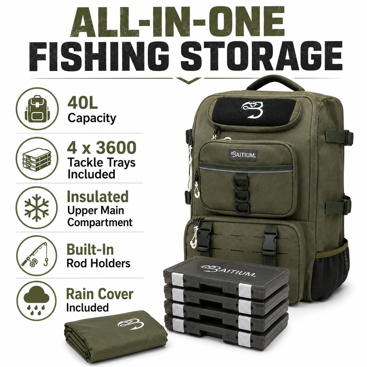 Baitium Mochila de pesca, bolsa de aparejos de 40 L con enfriador, soportes para caña, perfecta para equipo de pesca