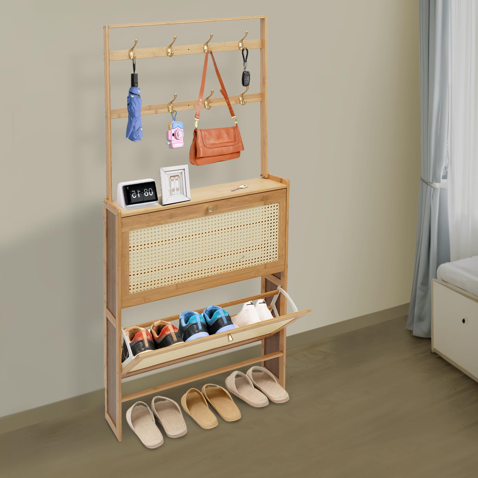 Mueble de zapatos de dos niveles para almacenamiento de zapatos con puerta batiente y ganchos para zapato, bambú, estante de almacenamiento, antipolvo, para entrada/pasillo/familia