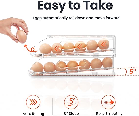 SMRCAD Egg Holder for Fridge, Automatic Steady Rolling Egg Dispenser with Silicone Bumpers & Handle for Refrigerator, Large Capacity Egg Organizer with Lid