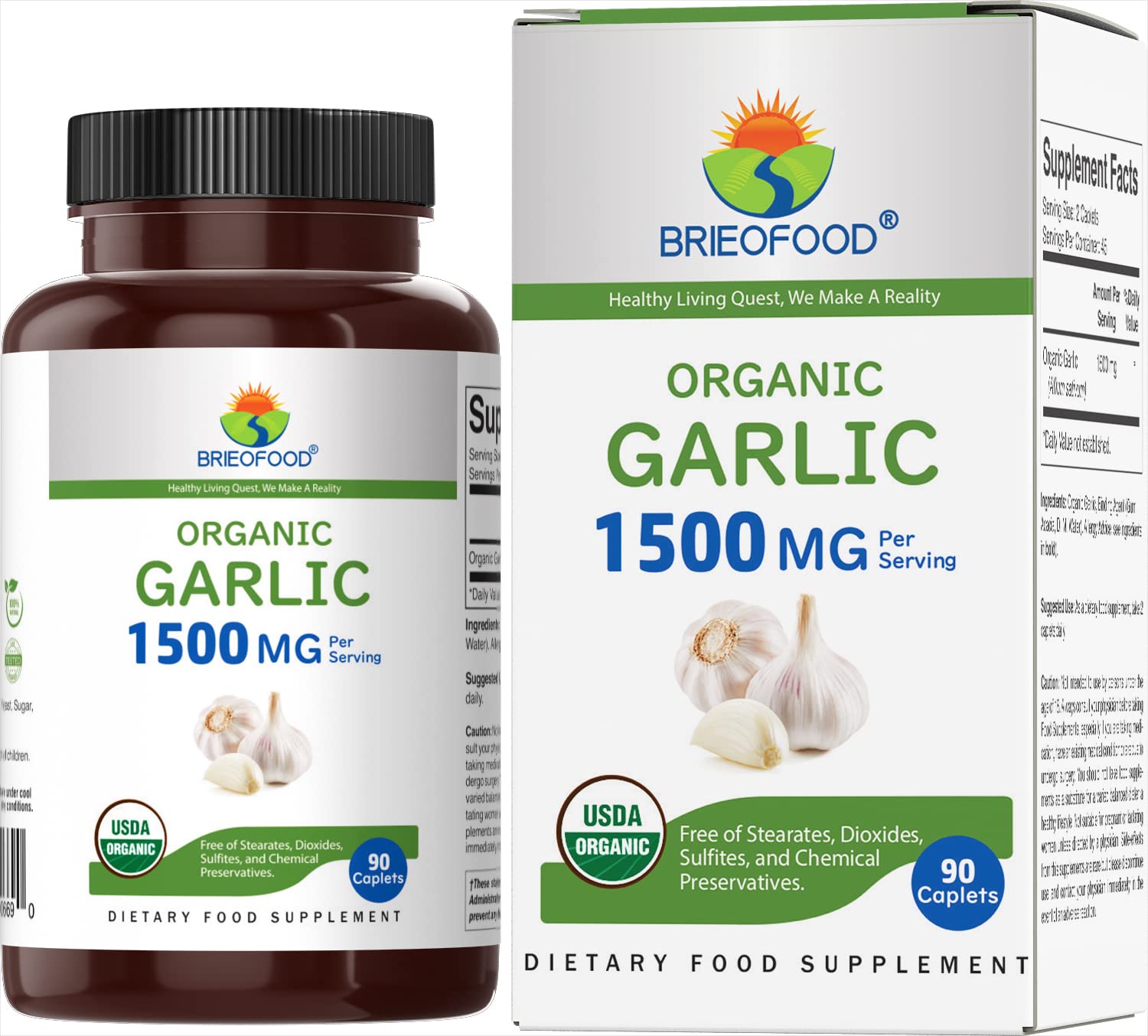Brieofood Organic Garlic 1500mg, 45 Servings, Vegetarian, Gluten Free, 90 Vegetarian Tablets 90 Count (Pack of 1)