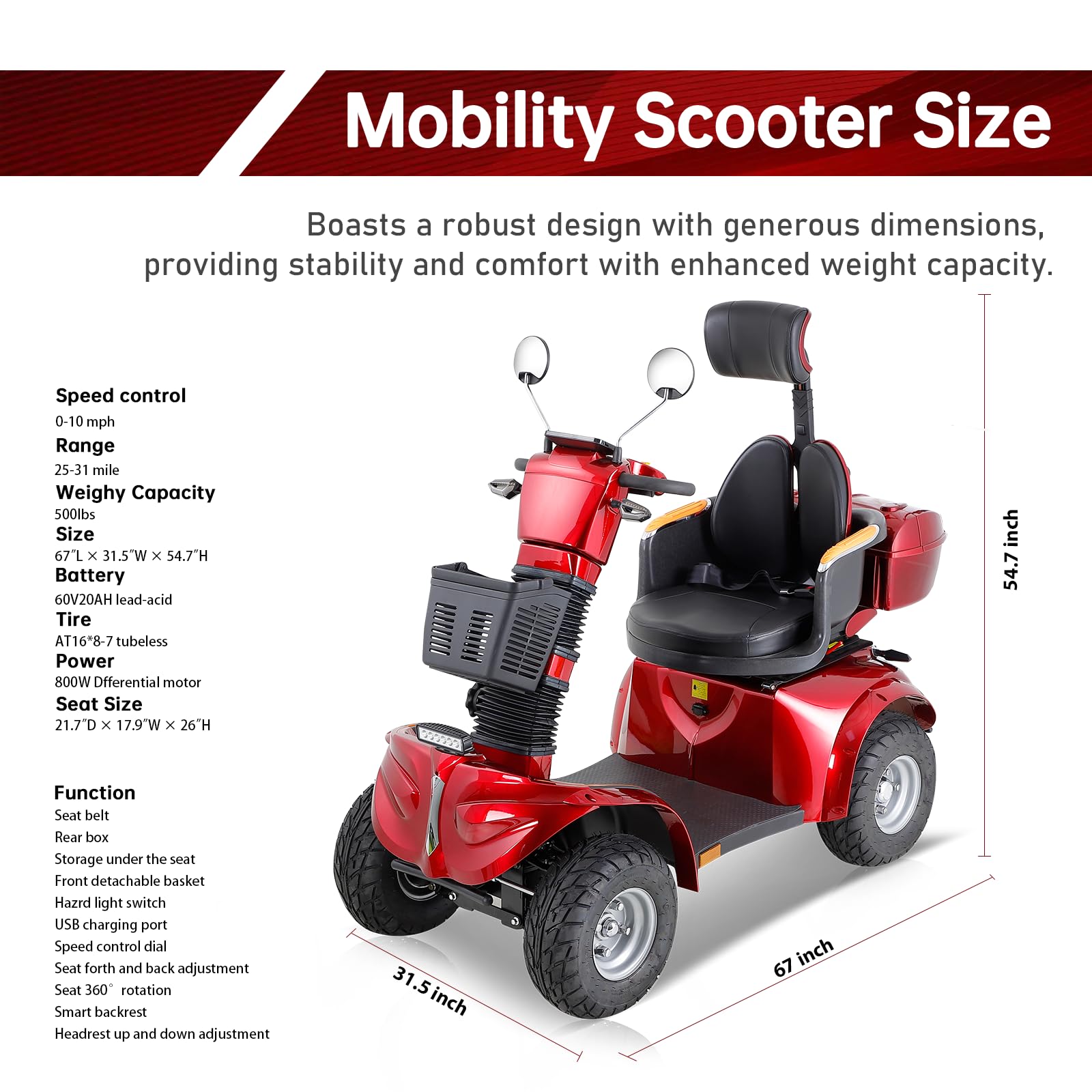 Heavy Duty Mobility Scooters for Seniors and Adults, All-Terrain 4-Wheel Electric Powered Mobility Cart Handicap Scooters, 800W Motor, 500lbs Capacity (Red)