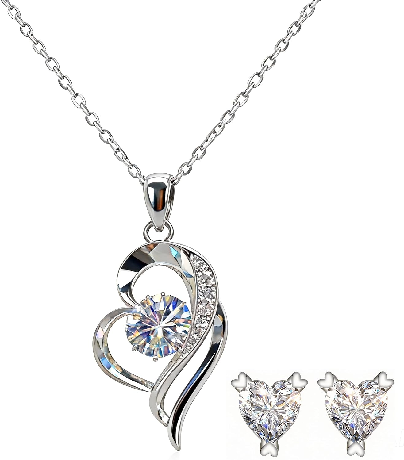 Moissanite Heart Necklace for Women, 925 Silver 3EX Cut, Diamond Fire Brilliance, Heart Pendant Necklace & Matching Heart Stud Earrings Gift Set
