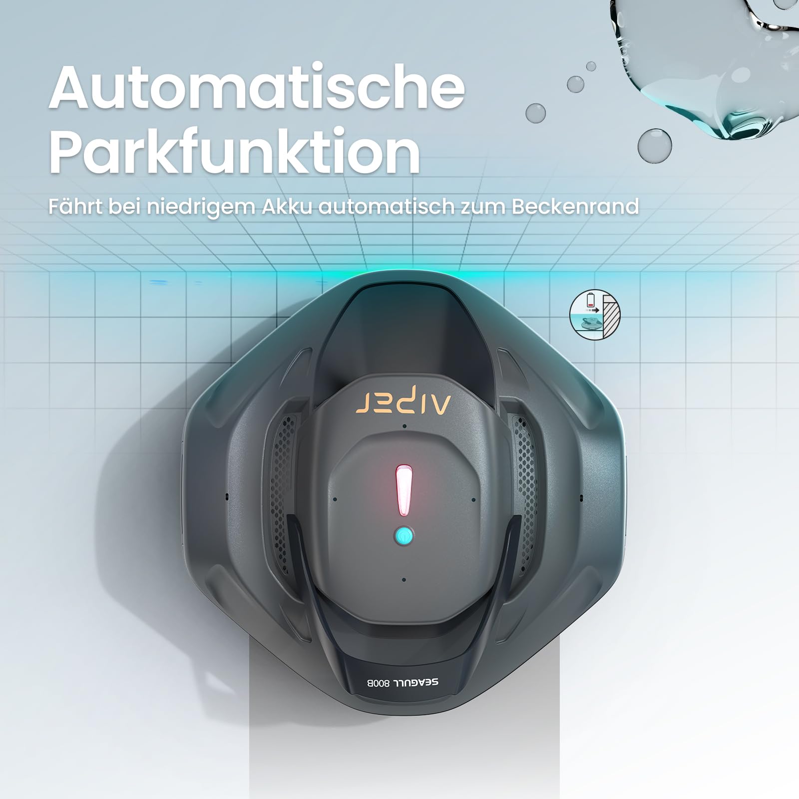 AIPER Seagull 800B Kabelloser Poolroboter, Selbstparkende Technologie, 90 Min Akkulaufzeit, Starke Saugkraft, LED-Anzeige, Ideal für Aufstellpools bis zu 80 m²