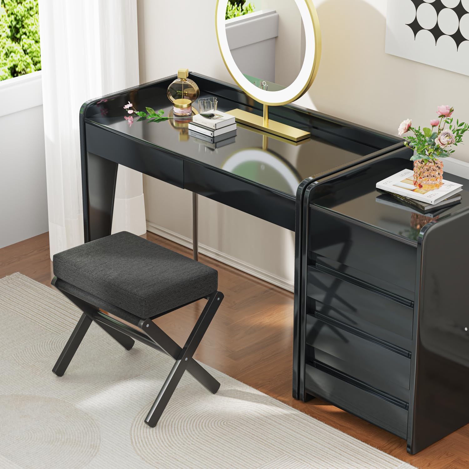 BAMBOOHOMIE Makeup Eitelkeit Hocker, Faltbarer Fußhocker mit Bambus X Beinen, Ottoman Fußstütze Stuhl für Vanity, Moderne Fußhocker klein gepolstert für Wohnzimmer (Schwarz - Schwarz)