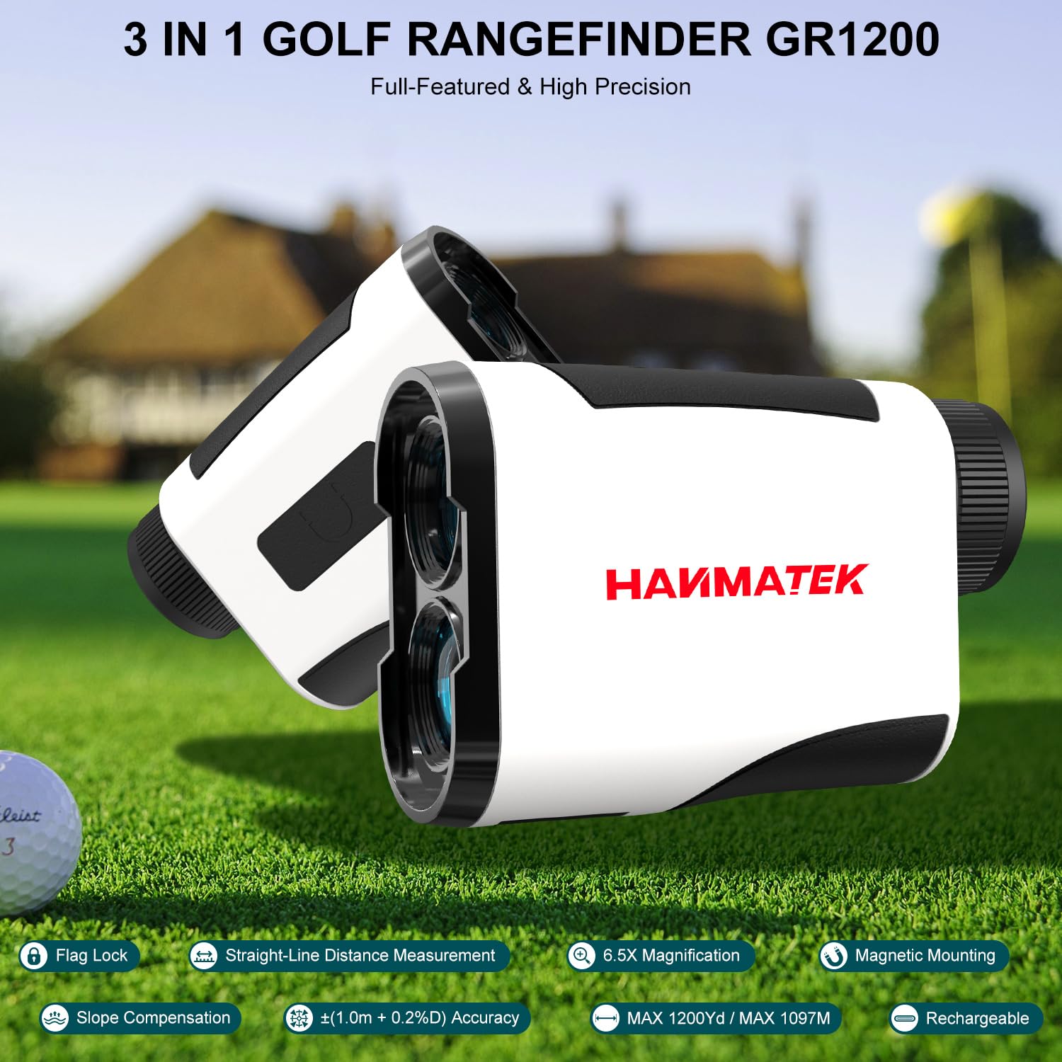 HANMATEK GR1200 Golf-Entfernungsmesser mit Neigungsmessung,Flaggen-Lock-Funktion und Vibrationsalarm,6,5-fache Vergrößerung,Reichweite 1200 Yards,Wiederaufladbarer Akku für Männer und Frauen