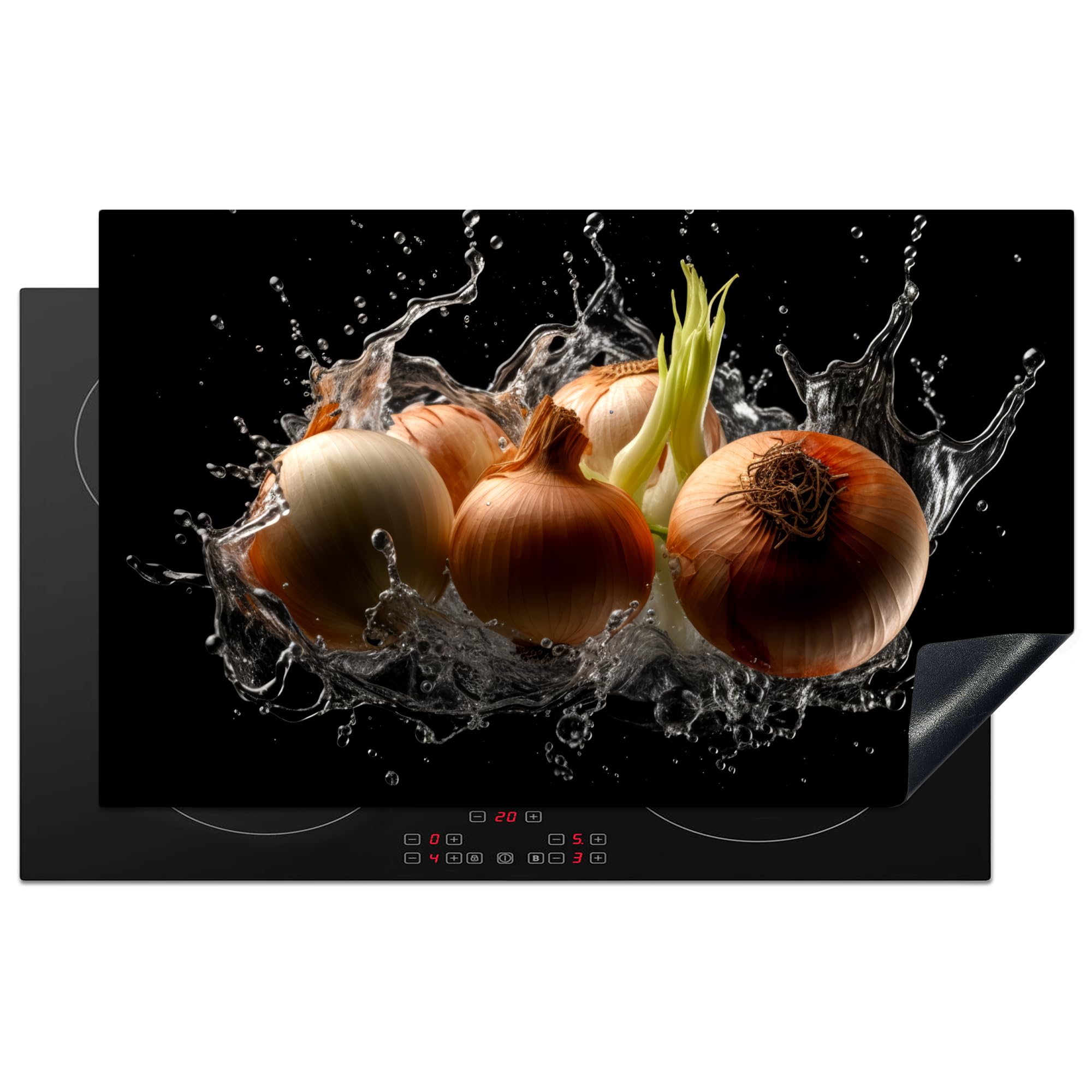 KitchenYeah© Induction Hob Protector Mat 20.5"x33.5" / 85x52 cm Stove Cap Top Cover Kitchen Cooker Covers for Electric Hobs Vinyl Onion - Vegetable - Brown - Water - Black