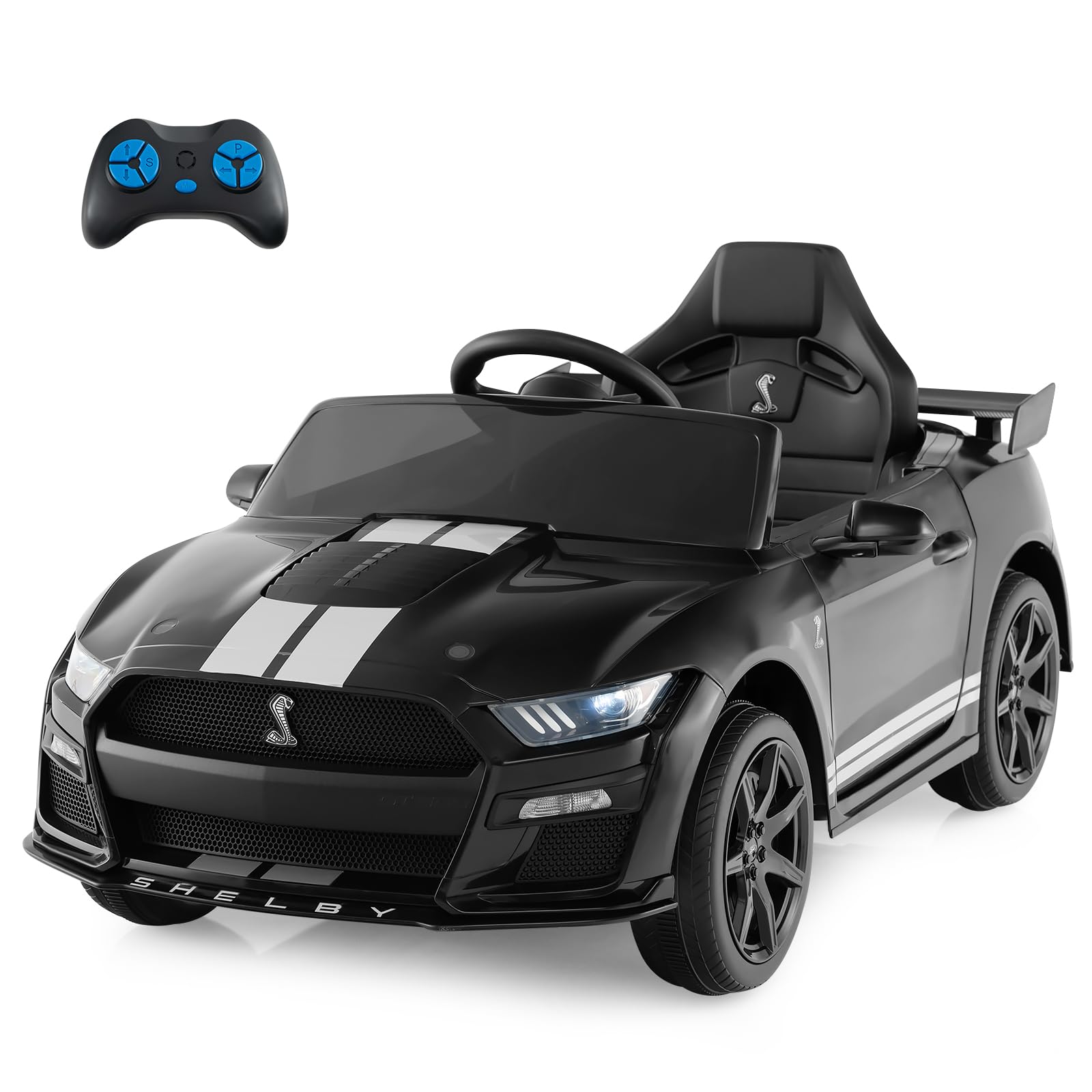 COSTWAY 12V Kids Electric Ride on Car with Remote Control, USB Port, Music, Light, Horn, Licensed Ford Mustang Shelby GT500 Battery Powered Toy Vehicle for Boys and Girls (Black)