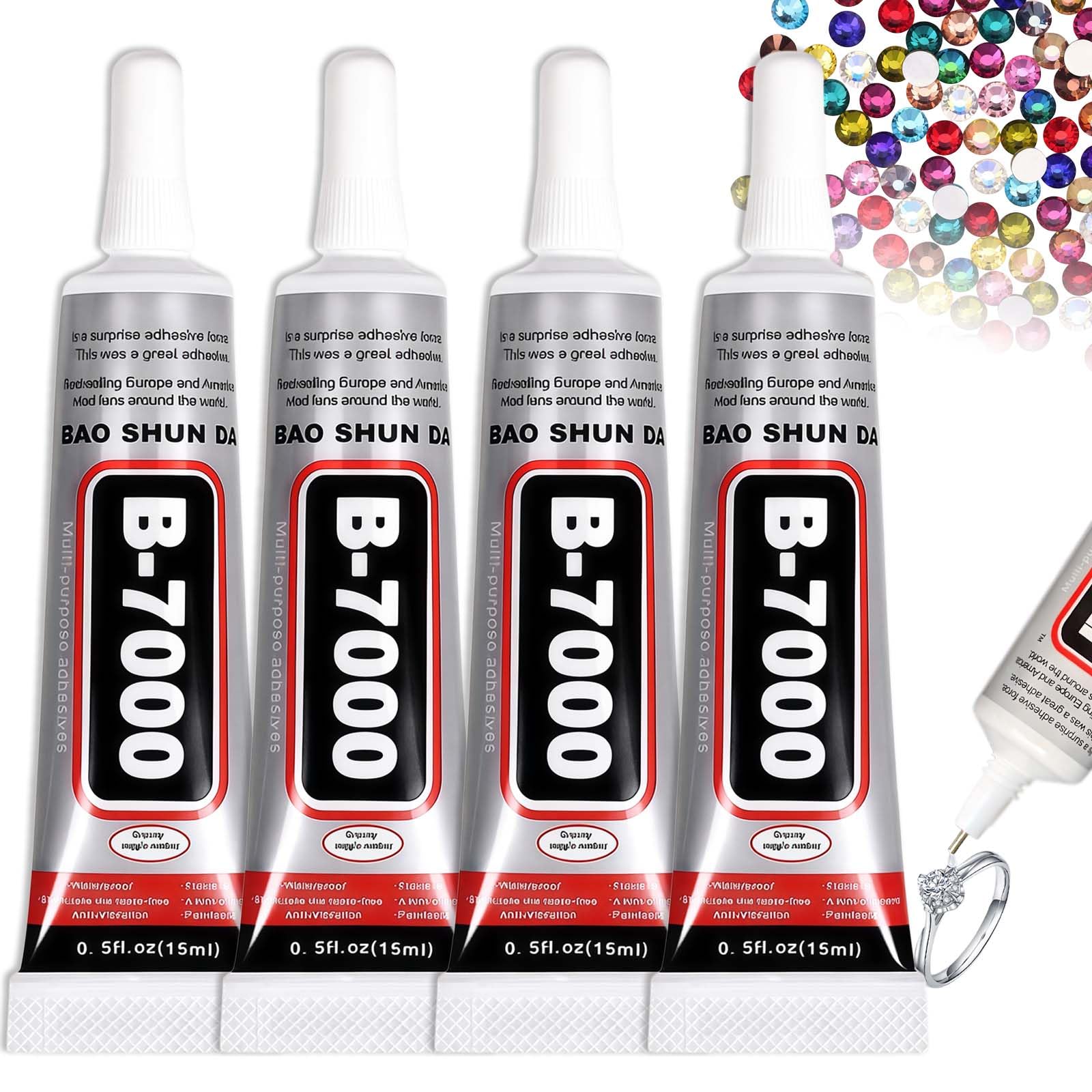 B7000 Bedazzling Glue for Rhinestones Crafts - 15ml/0.5oz (4 Pack) Rhinestone Glue for Bedazzling, Multi-Function Super Adhesive for Jewelry Making, Clothes, Shoes, Fabric, and Cell Phones