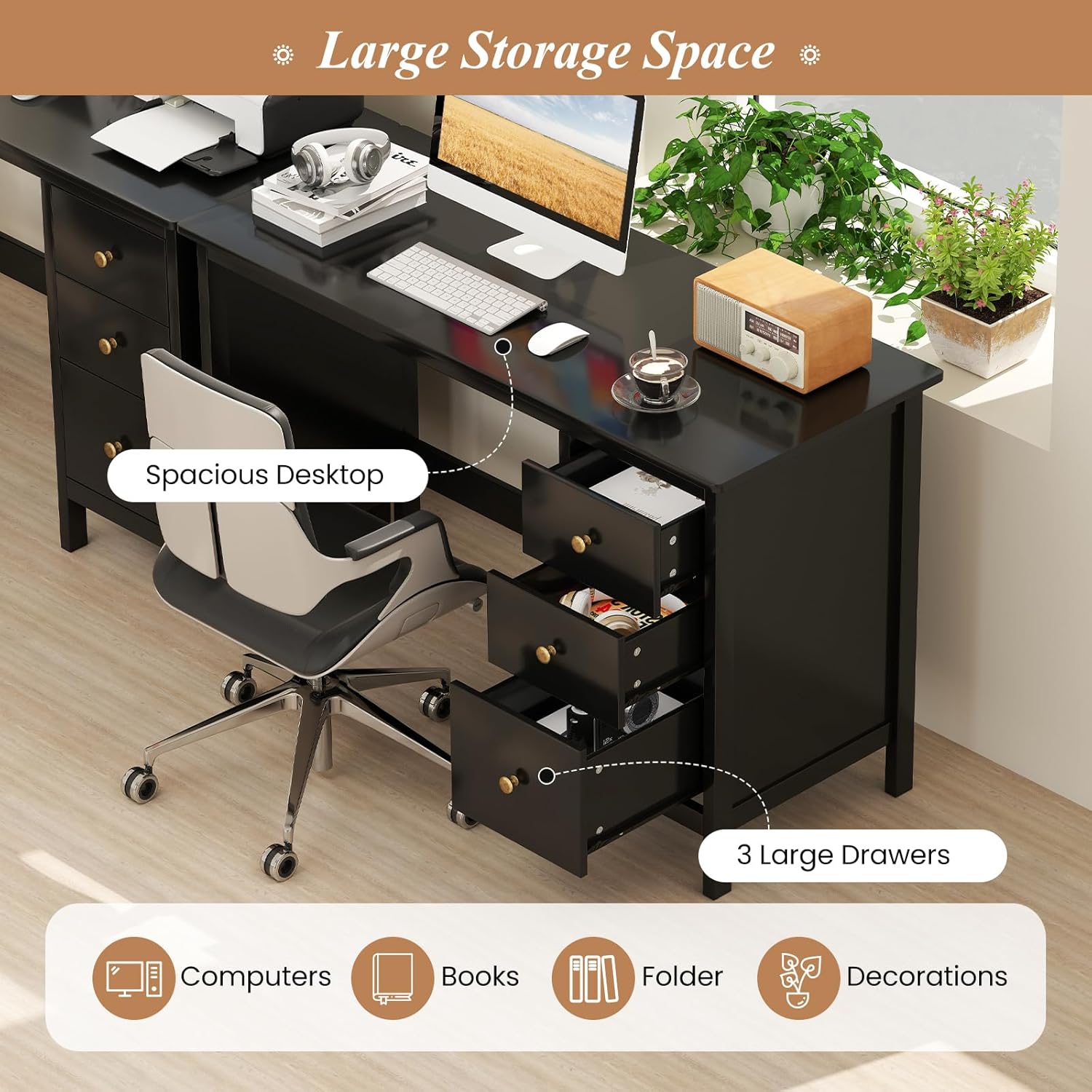 Giantex Black Desk with Drawers, 48 Inch Home Office Desk with Anti-Toppling Device, Multifunctional Computer Workstation, Wood Study Writing Desk for Small Spaces, Bedroom