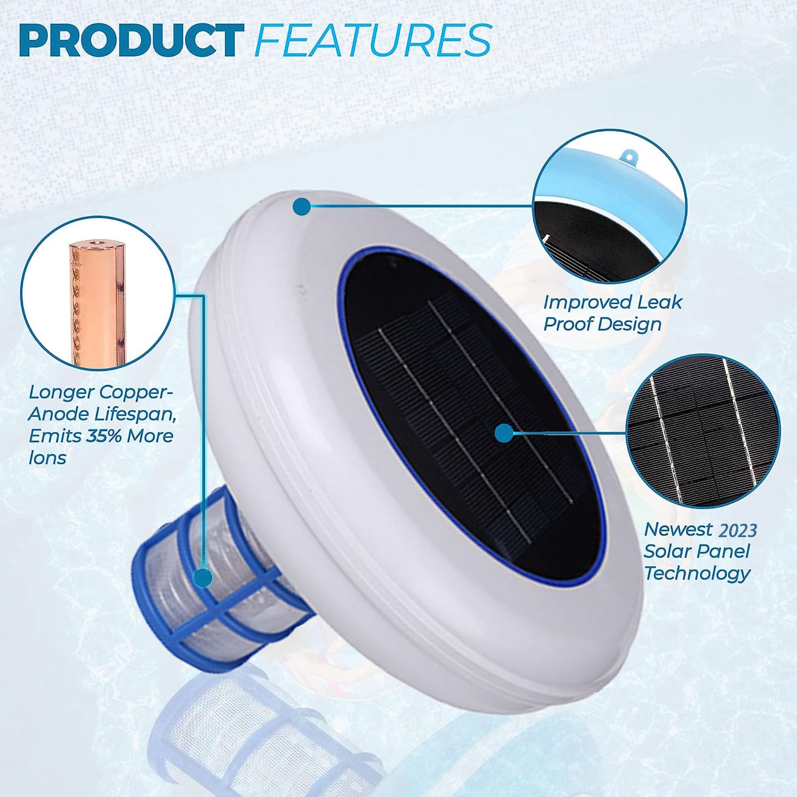 ionizador Solar para Piscinas ánodo de Cobre 85% Menos Cloro Purificador de Agua Limpiador automático de Piscinas hasta 45000 galones Elimina Algas Mantiene la Piscina más Limpia 2 Cobre