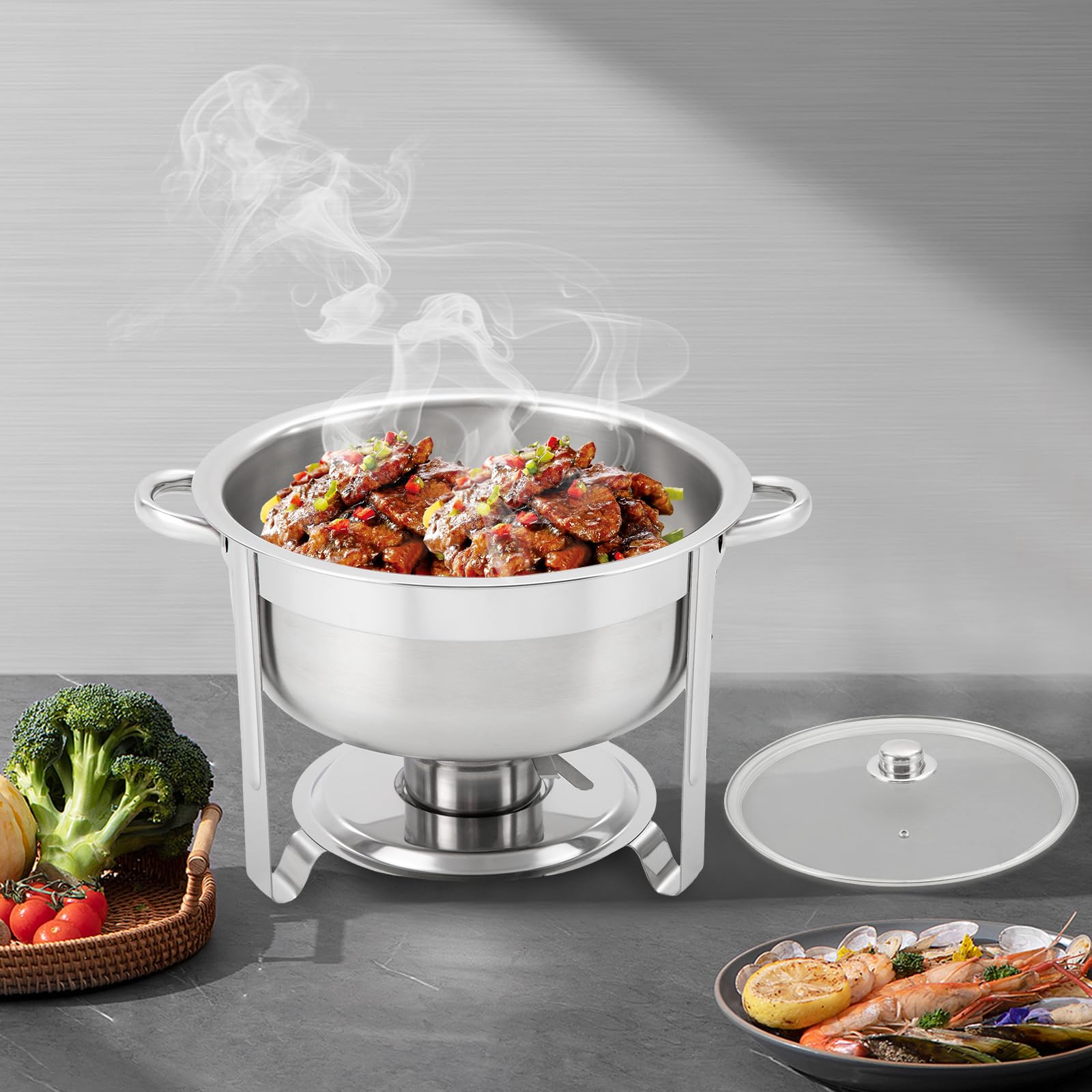 Acero inoxidable Chafing Dish, calentador de alimentos de 8,5 L, recipiente para calentar sopa, redondo de acero inoxidable, juego profesional de platos de chafing dish desmontable con tapa, sartén de