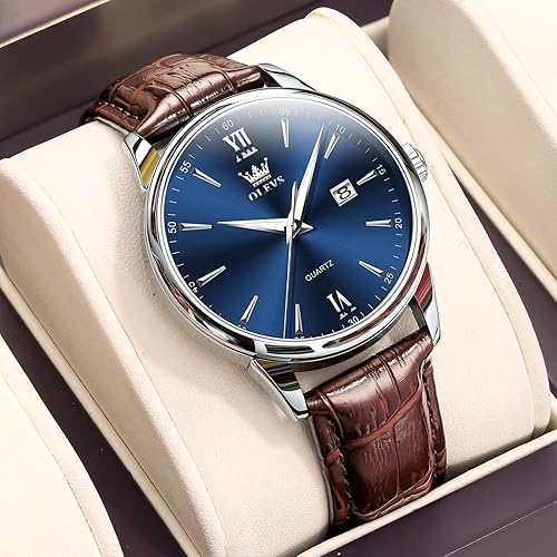 Miniatura 2 de OLEVS Relojes de cuero para hombre, relojes de vestir con correa de cuero para hombres con fecha, impermeable, cara grande, fácil de leer, casual,