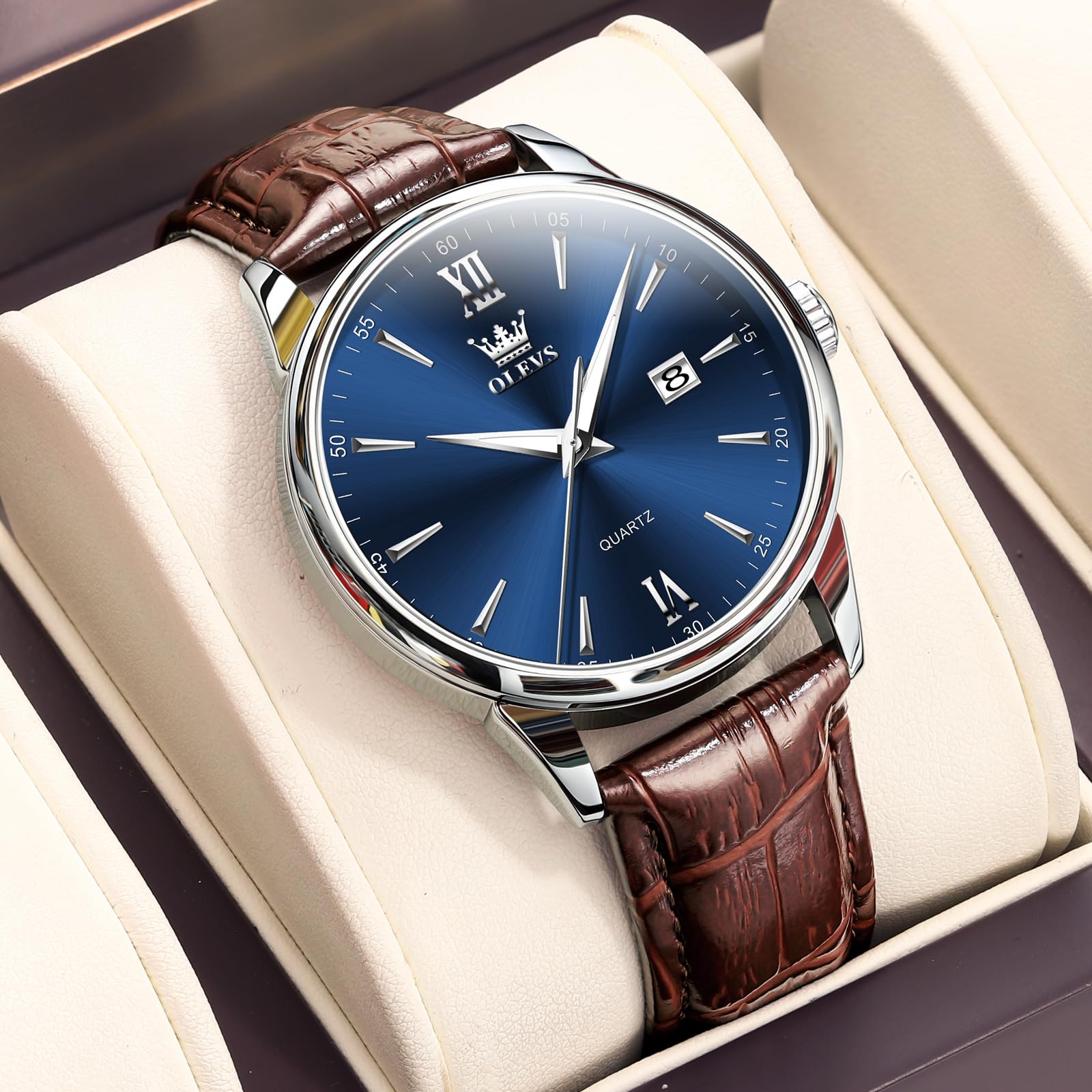 OLEVS Lederuhren für Herren, Lederband, Uhren für Herren mit Datum, wasserdicht, großes Zifferblatt, leicht zu lesen, lässig, Quarz, analog, minimalistisch, Relojes para Hombres