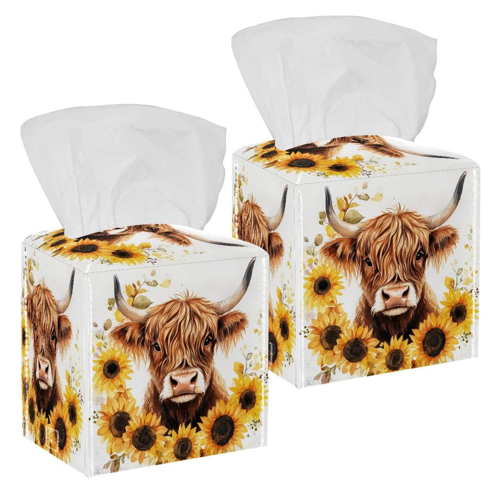 Sunflower Cow Tissue Box Cover, 2 Pack PU Leather Square Facial Tissue Dispenser Box holder for Home Office Car