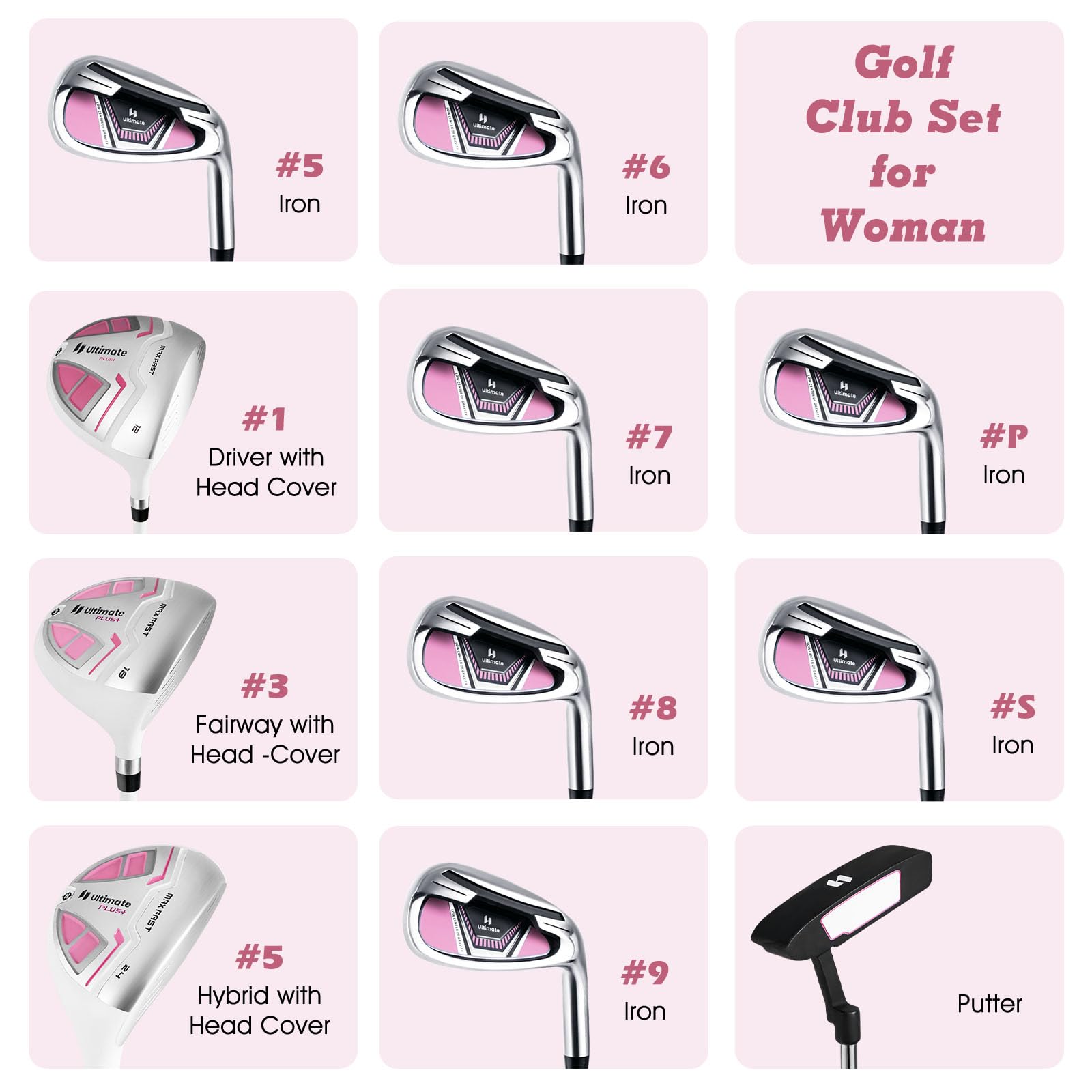 LIFEZEAL Set completo di mazze da golf da donna, con #1 driver, 3 fairway, 5 ibridi, 5#6#7#8#9#P #S, putter e borsa da golf portatile con parapioggia, destrorsi