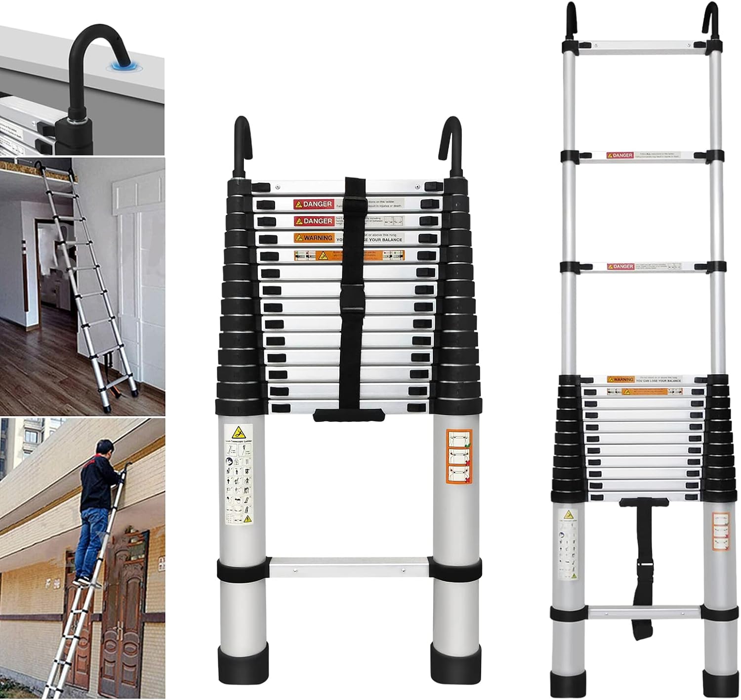 Telescoping Ladder 14FT Aluminum Telescopic Ladder with 2 Detachable Roof Hooks, Roof Ladder