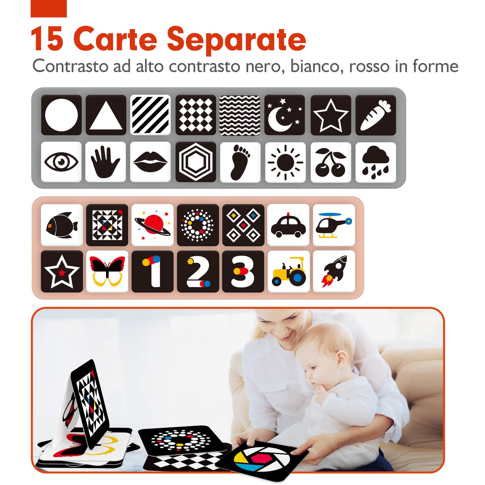 hahaland Flash Cards per Neonato Carta Nero Bianco Tummy Time, Giochi Neonati 0-3 6 mesi Stimolazione Visiva, 20 Pezzi 40 Imagini