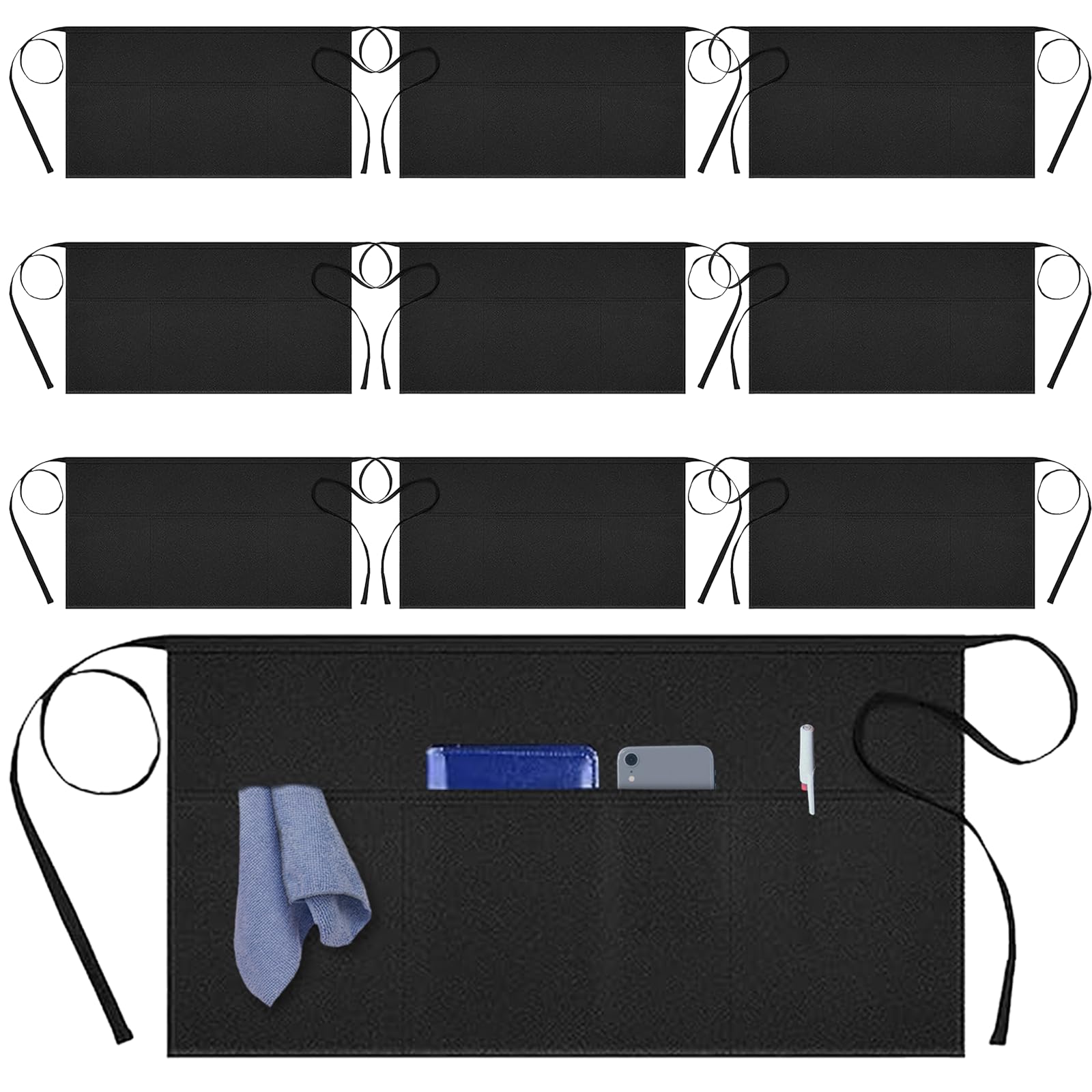COWANIEE Waitress Apron, Black Aprons Catering, Half Apron with 3 Pockets for Kitchen Restaurant Work Waitress Chef Waiter Cooking Baking