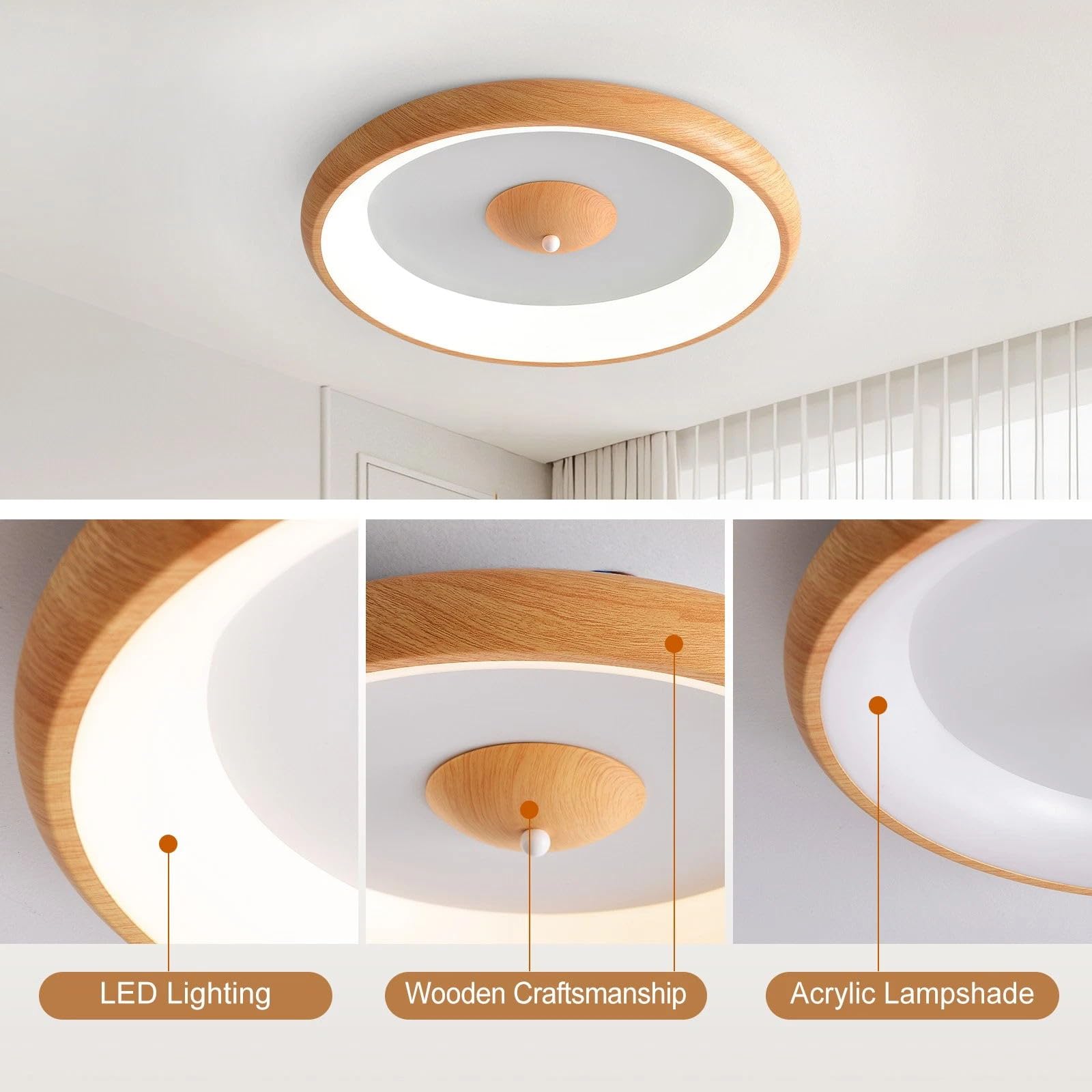 Lámpara de Techo Moderna, Plafones para Techo Madera, 30W Plafon LED Blanco Luz Techo para Oficinas, Salones, Dormitorios, Cocinas, Pasillos